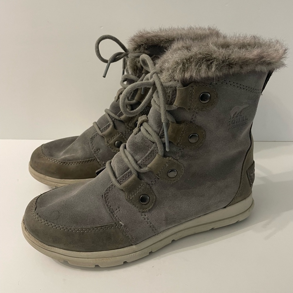 Sorel Explorer Joan Winter Boots Women’s Size 8 Gray Suede Fur Waterproof EUC